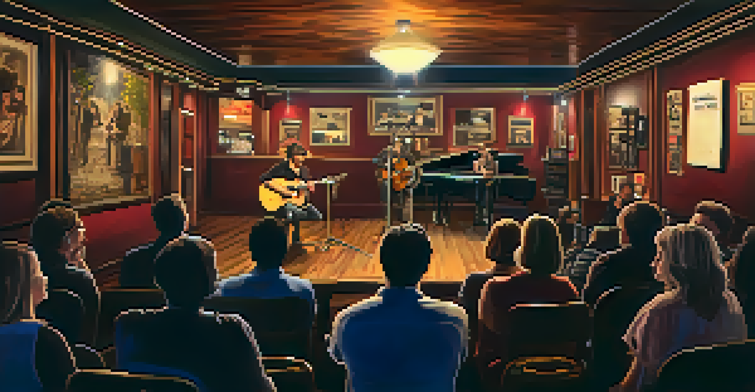 A solo acoustic artist performing in an intimate setting at The Troubadour, with warm lighting and vintage posters in the background.