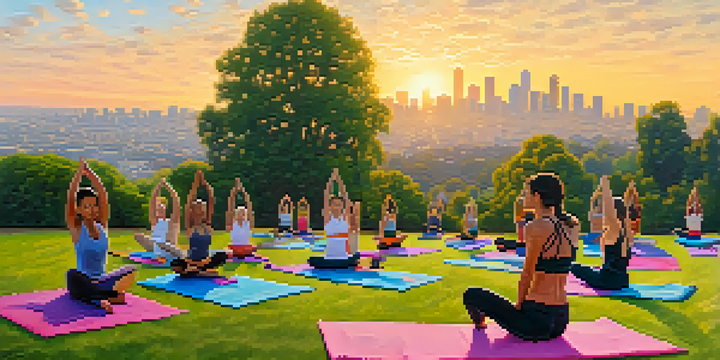 A diverse group of people practicing yoga outdoors at sunrise in Griffith Park, with the city skyline in the background.