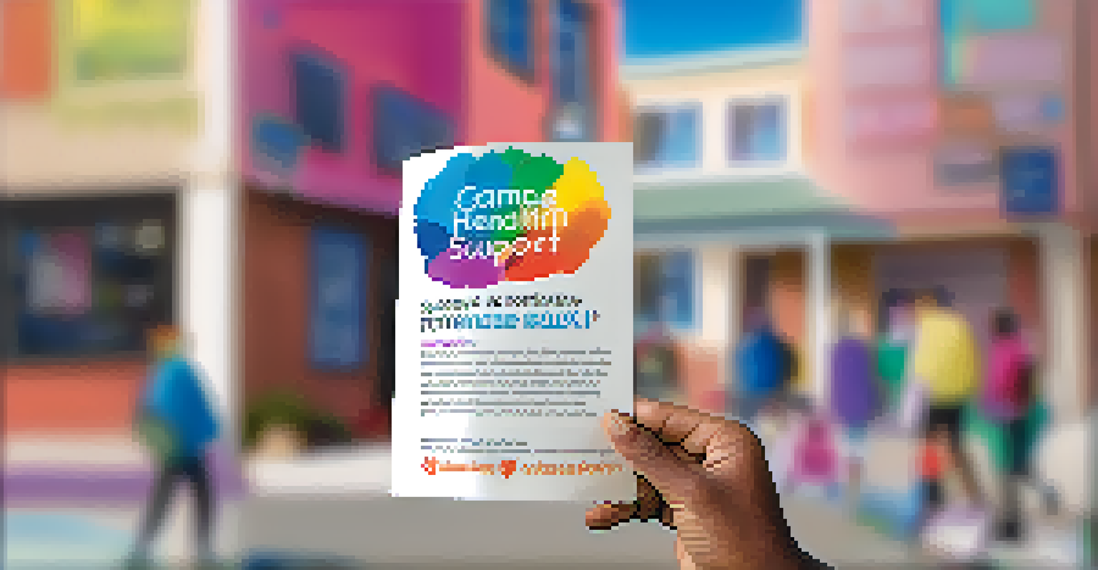 Close-up of hands holding a colorful mental health support pamphlet in a community center.