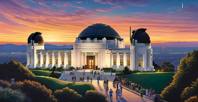 A scenic view of Griffith Observatory during sunset with visitors using telescopes and the observatory illuminated.
