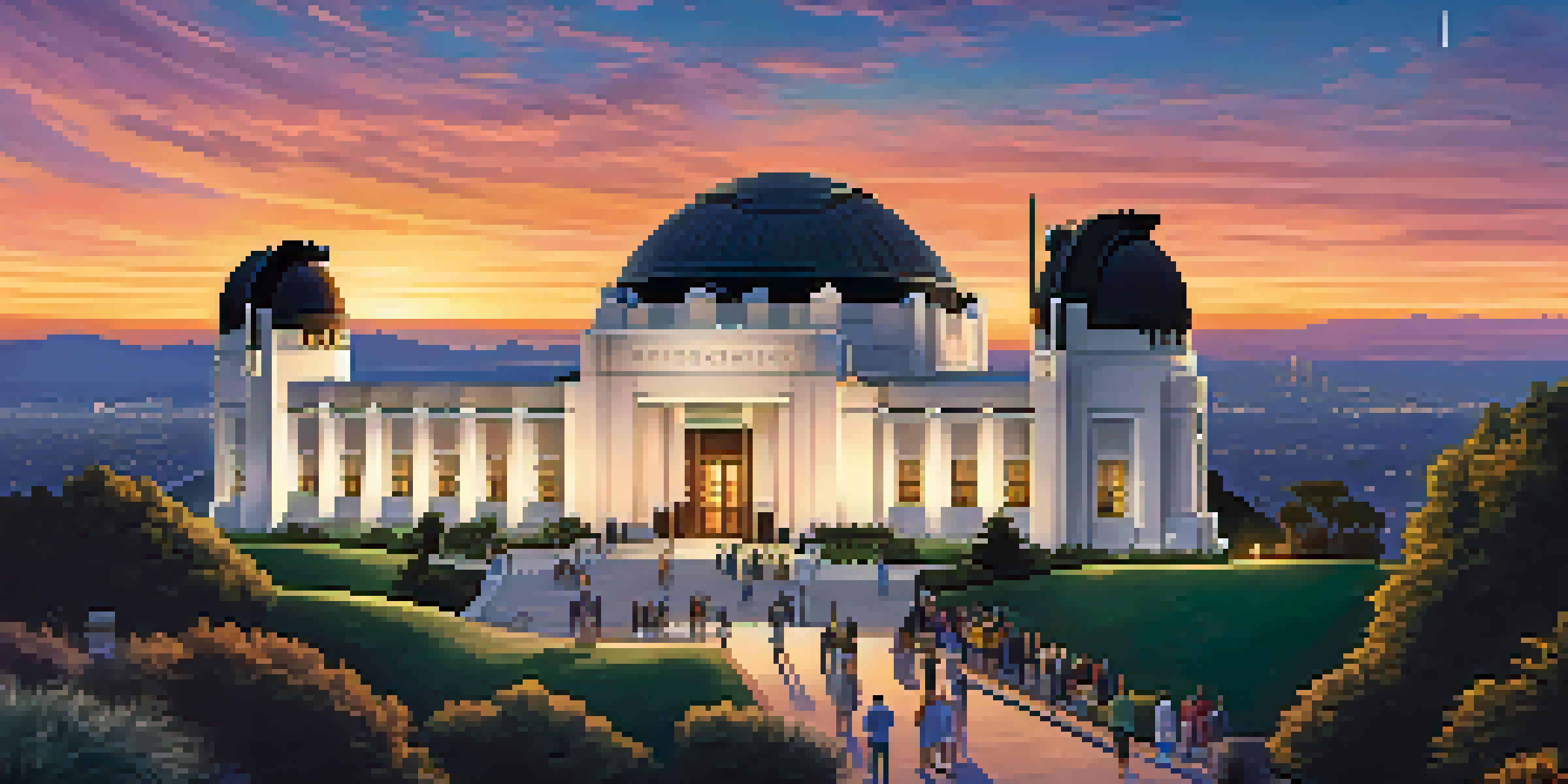 A scenic view of Griffith Observatory during sunset with visitors using telescopes and the observatory illuminated.