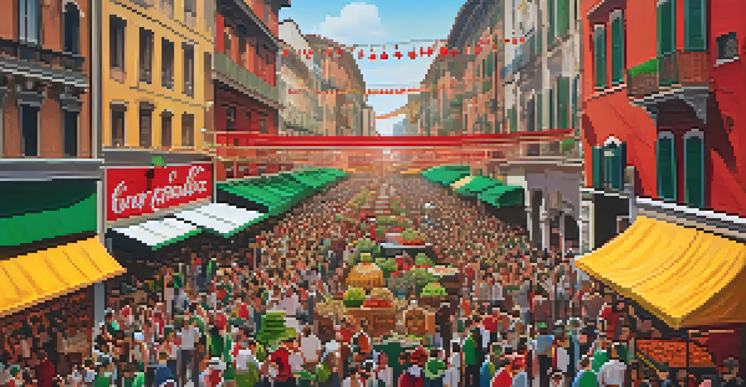 An aerial view of the Feast of San Gennaro festival with food stalls and colorful decorations.