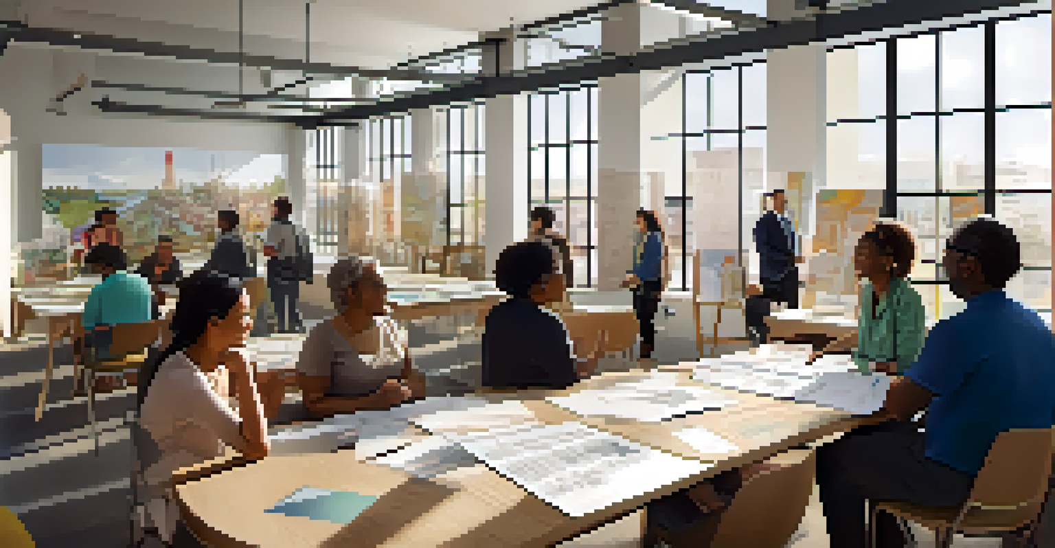 Residents engaging in a workshop about a mixed-use development project, surrounded by architectural plans and feedback boards in a well-lit room.