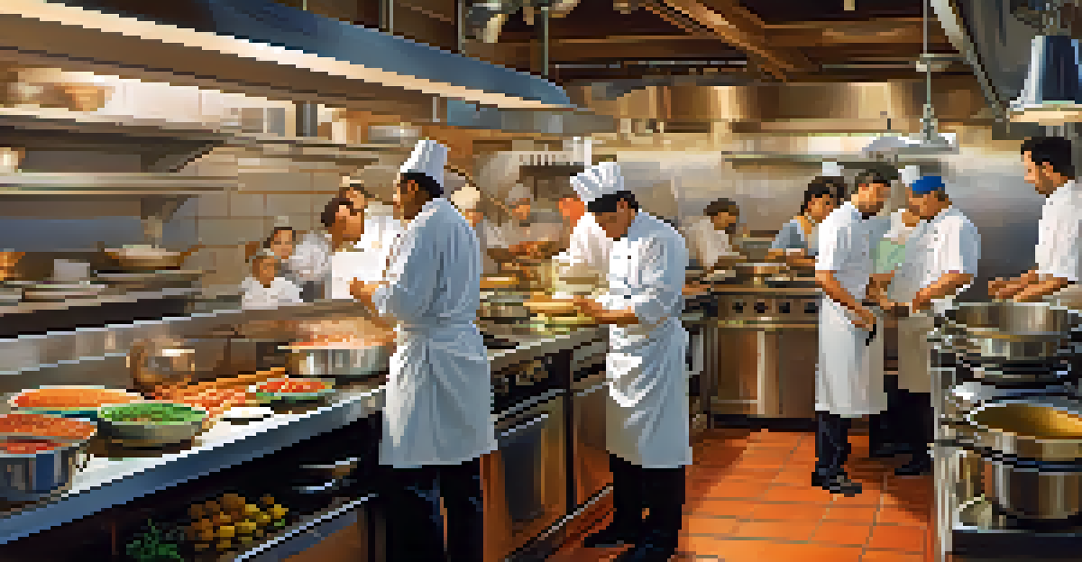 A vibrant kitchen with immigrant chefs cooking diverse dishes, filled with fresh ingredients and warm lighting.