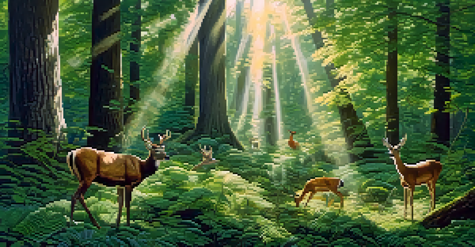 A diverse forest with sunlight filtering through the trees and wildlife.