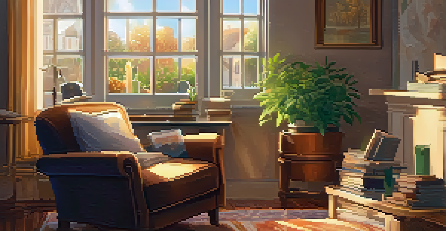 A cozy reading nook with an armchair, books, and a cup of tea, illuminated by warm sunlight.