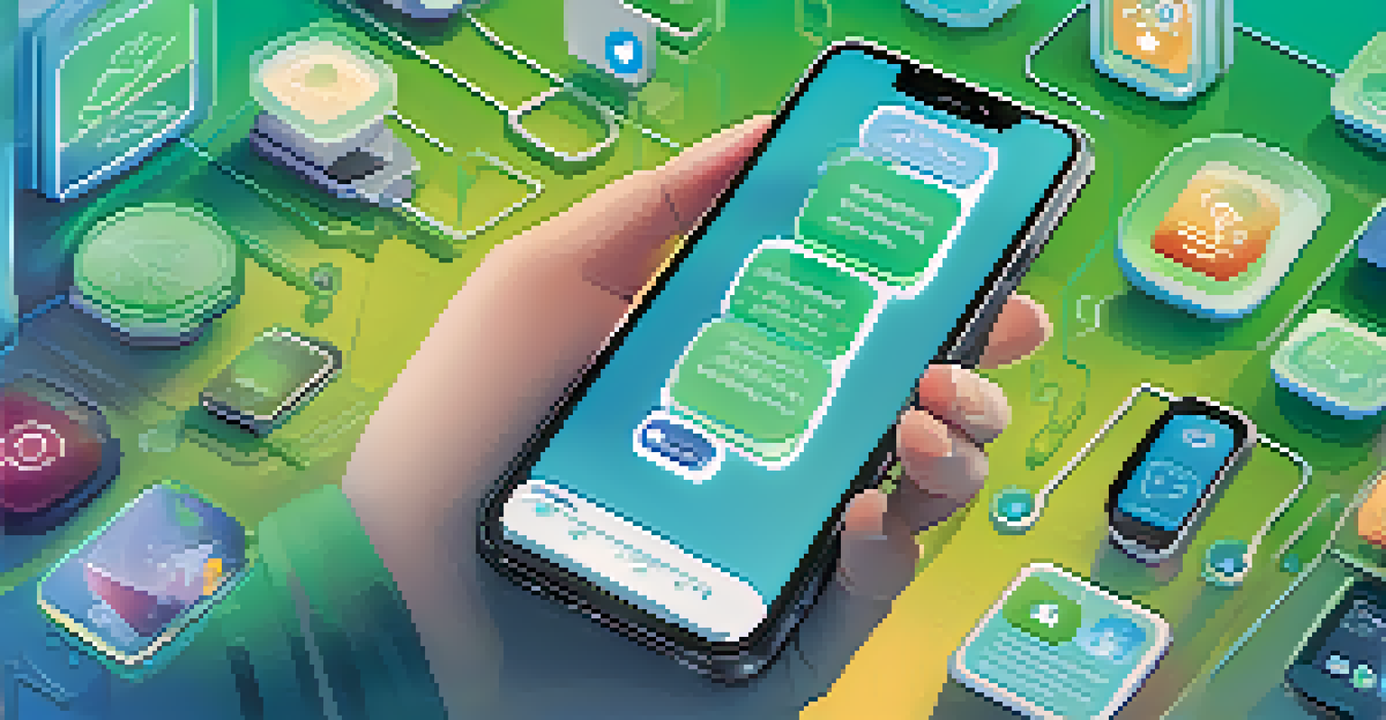 A smartphone displaying mental health apps and online support groups against a calming blue and green gradient background.