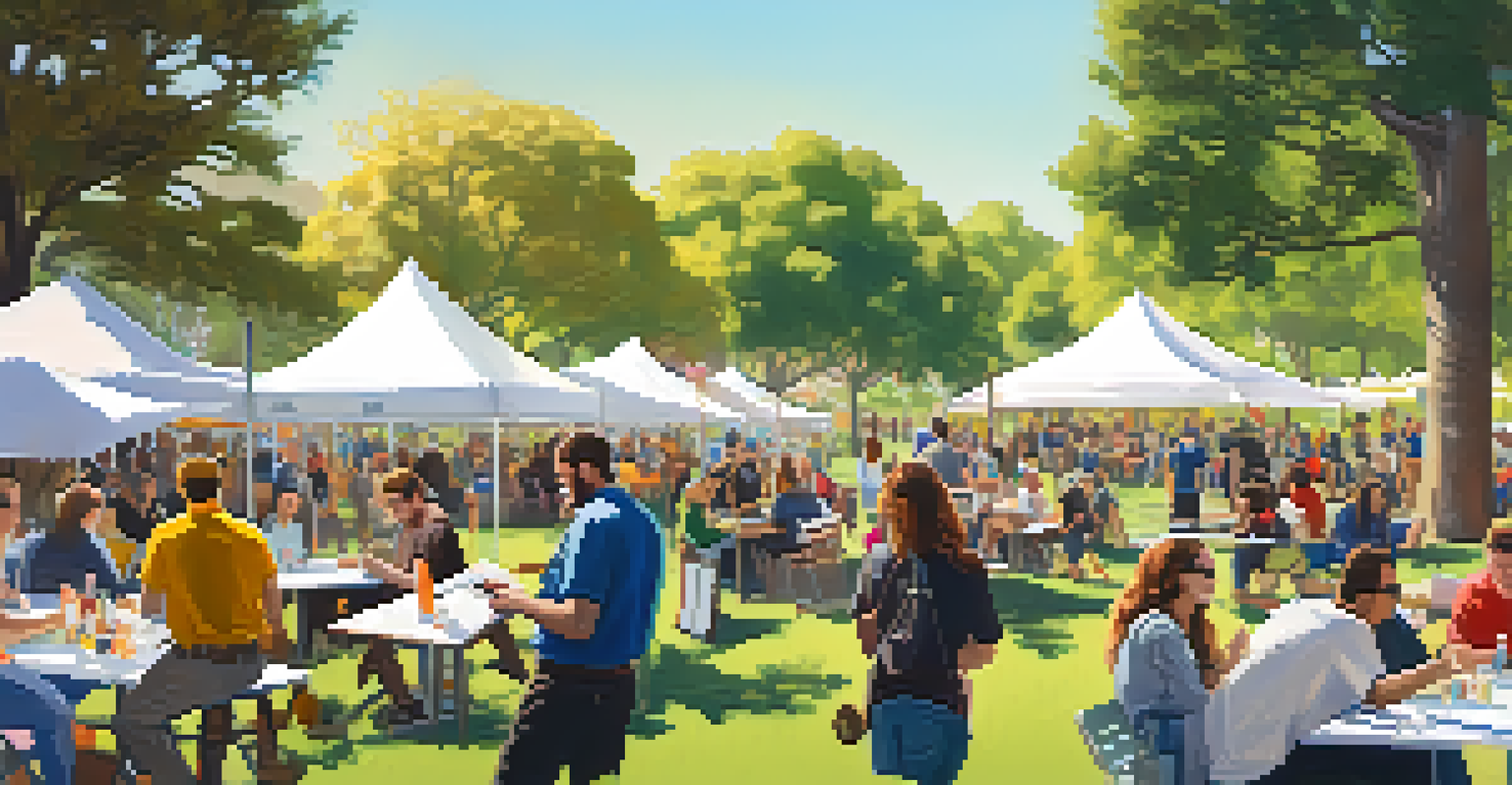 An outdoor tech networking event in a sunny park, with attendees mingling and colorful banners representing startups in the background.