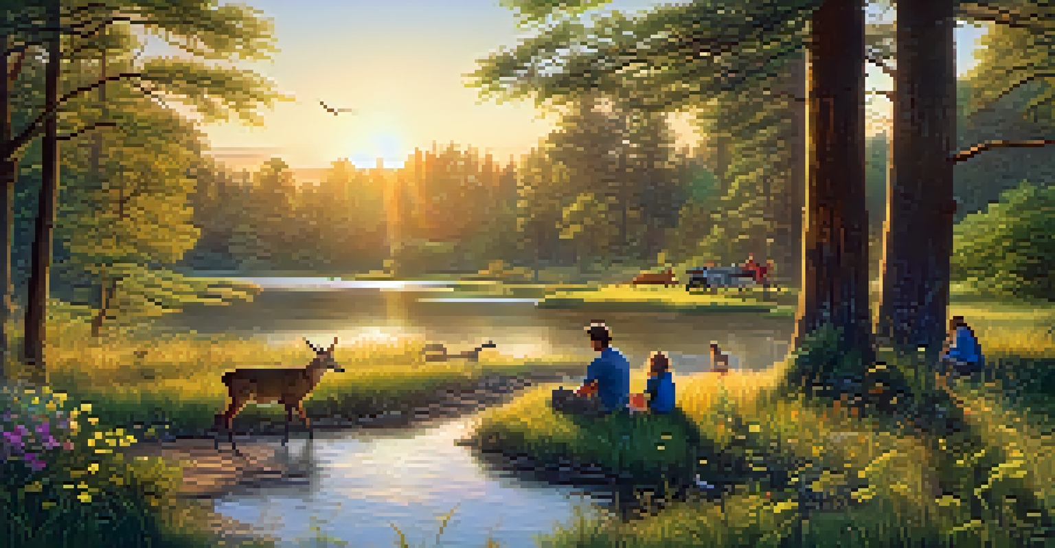 A picturesque national park with a family having a picnic, surrounded by diverse ecosystems, wildlife, and a stunning sunset.