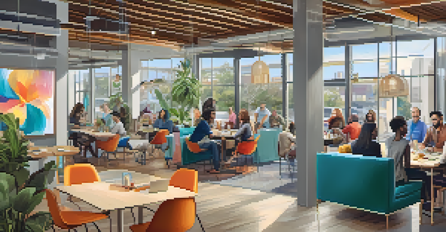 A lively coworking space with people collaborating at tables, surrounded by colorful artwork and modern design.