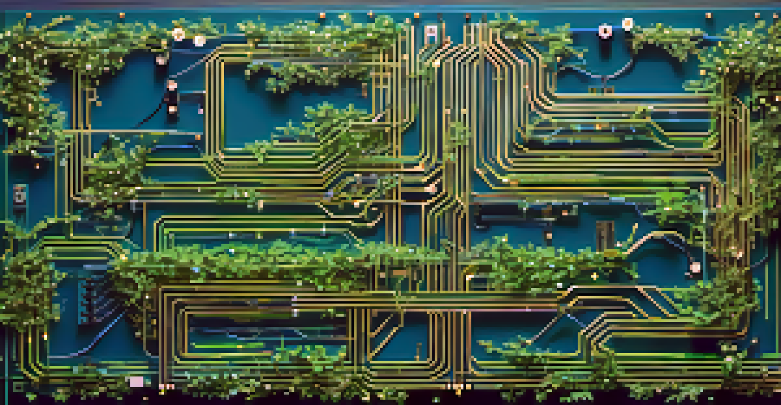A close-up of a circuit board with green vines and flowers, symbolizing harmony between nature and technology.