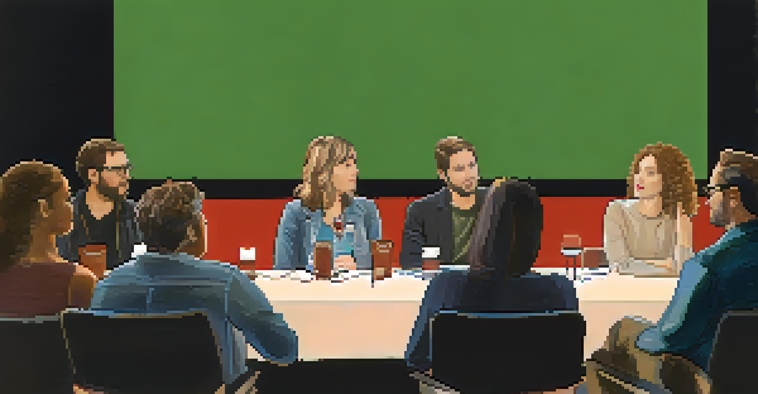 A panel discussion at an LA film festival, with diverse filmmakers on stage and an engaged audience, surrounded by film-themed decorations.