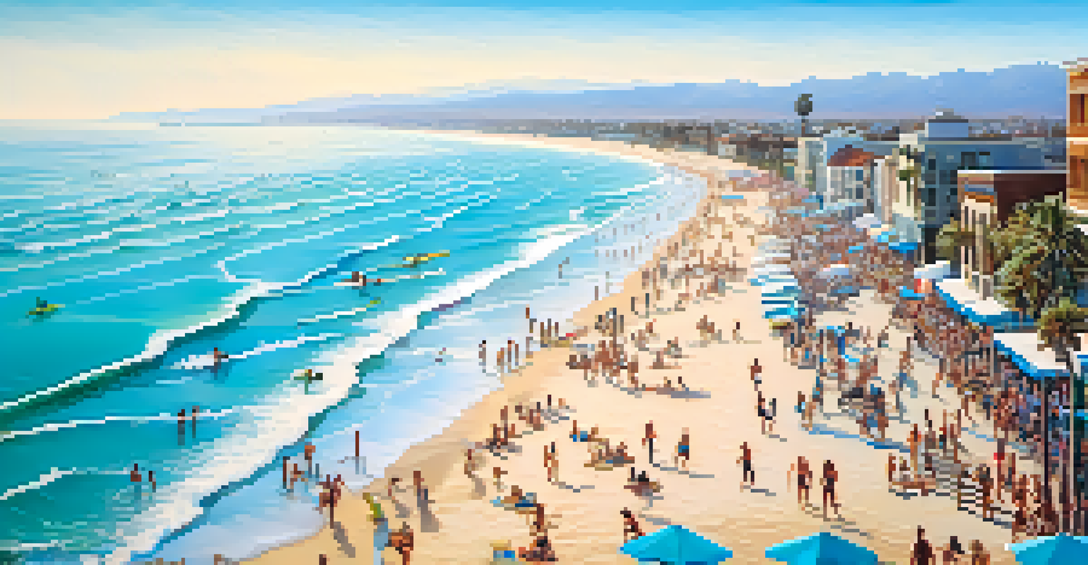 Aerial view of Venice Beach featuring surfers, sandy beach, and a bustling boardwalk under bright sunlight.