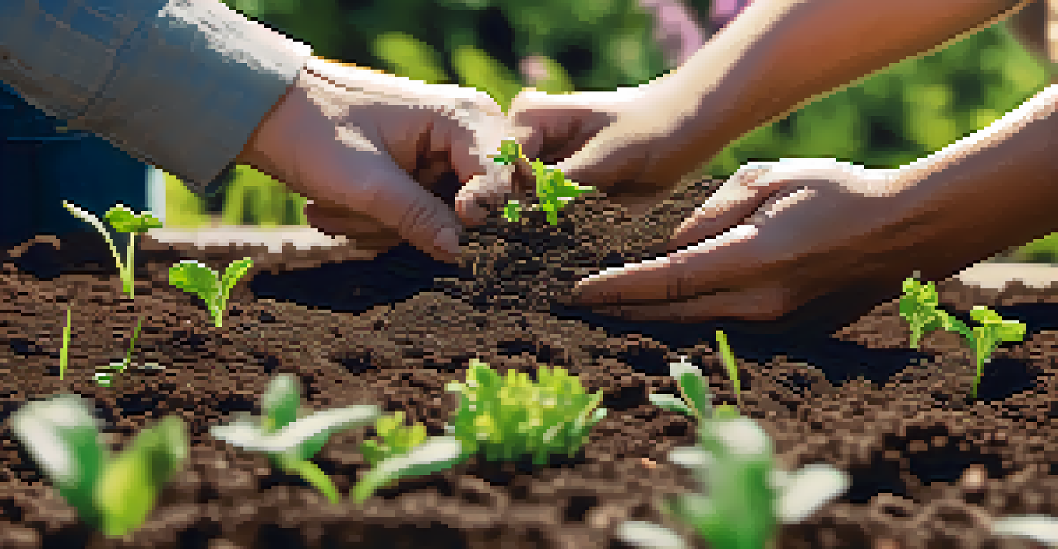 Close-up of hands planting seeds in a community garden, with vibrant plants in the background.