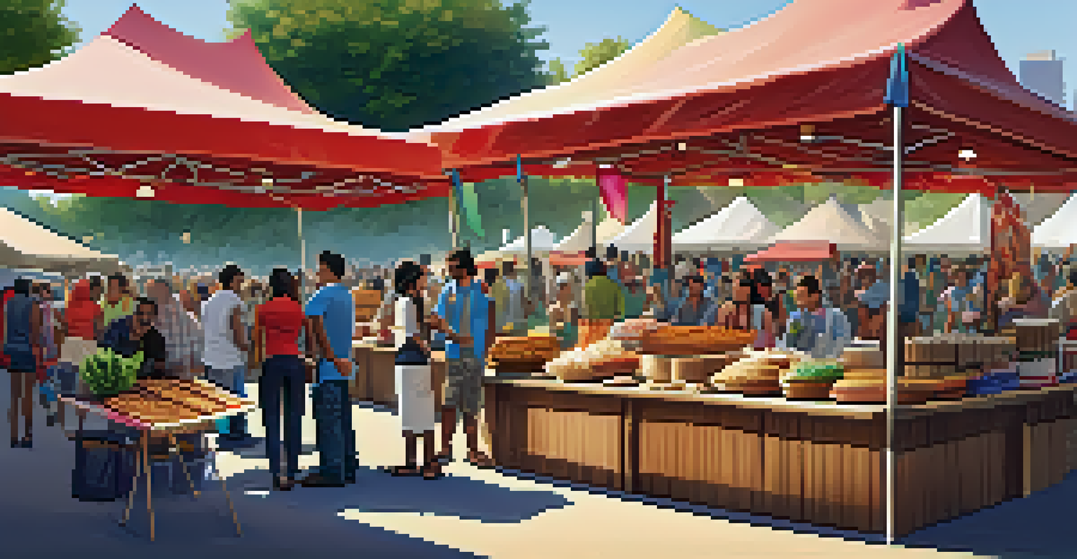 A vibrant food vendor area at a music festival with diverse stalls offering cultural dishes and attendees enjoying food and conversations.