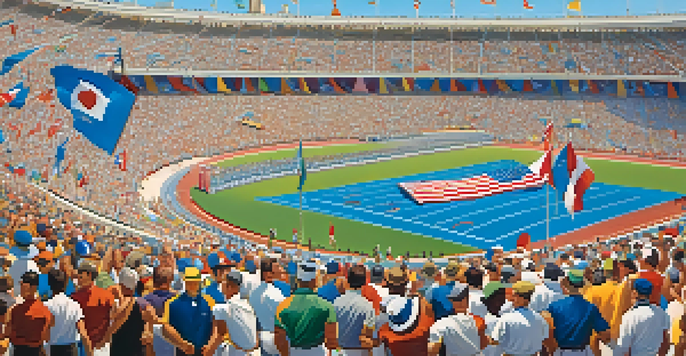 A lively depiction of the 1932 Olympics in Los Angeles, featuring athletes in colorful uniforms and the Los Angeles Memorial Coliseum in the background.