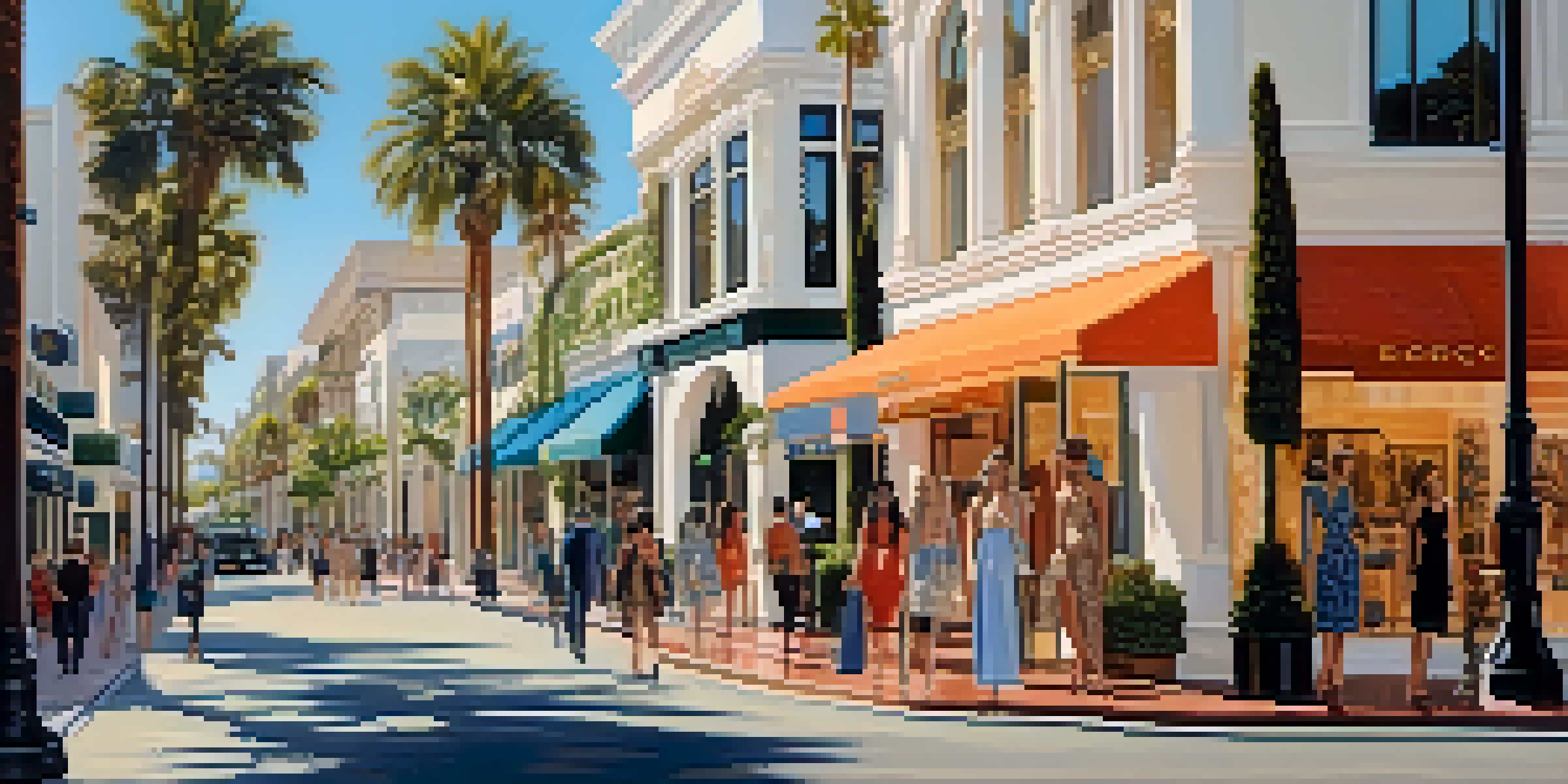 A bustling Rodeo Drive with luxury shops and people walking under a sunny sky.