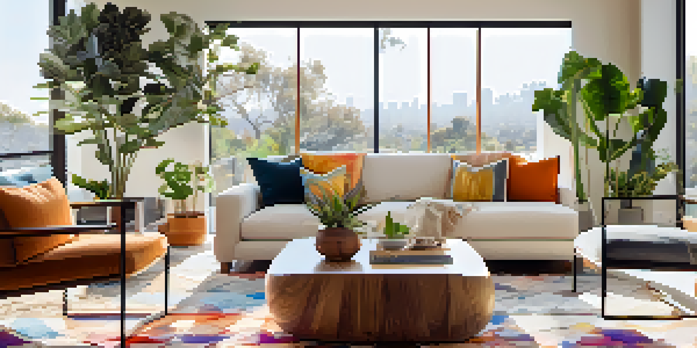 A spacious and well-lit modern living room with large windows, a comfortable sofa, and colorful decor, showcasing a minimalist design with wooden elements.