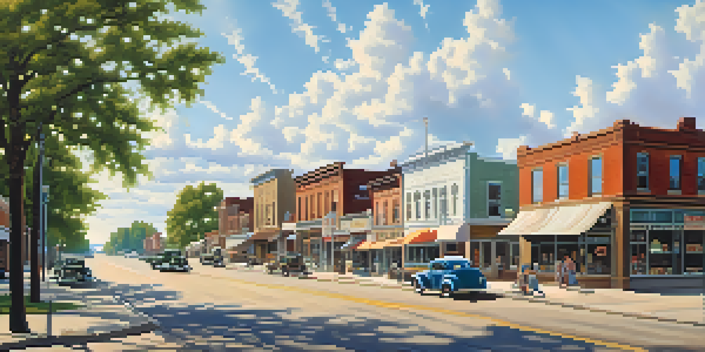 A nostalgic view of a small Midwestern town during the Great Depression, featuring vintage storefronts and children playing in the streets under a warm sun.