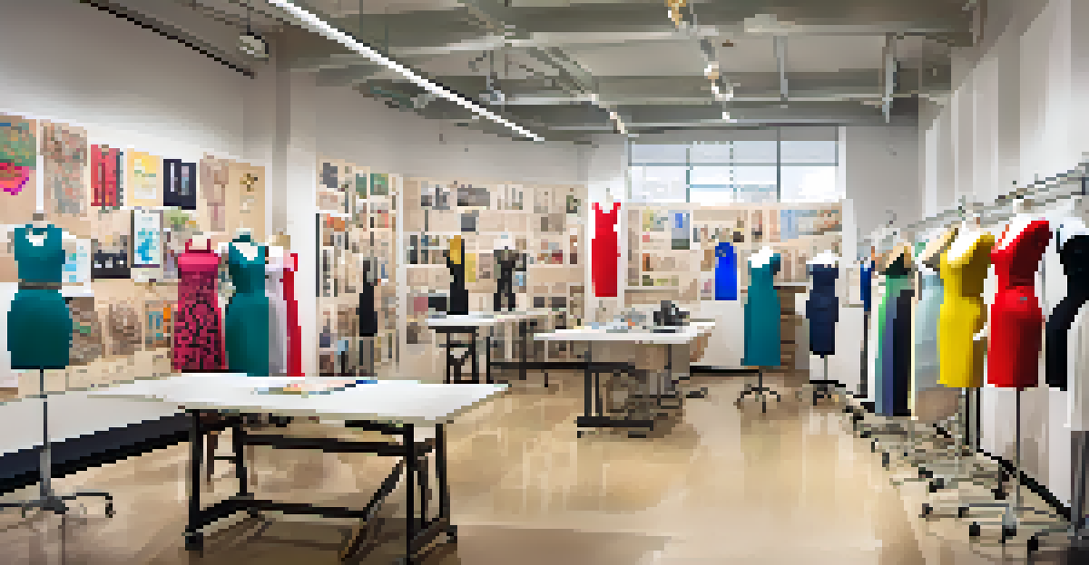 A fashion classroom in Los Angeles with students working at sewing machines, surrounded by design materials and a bulletin board of fashion inspiration.