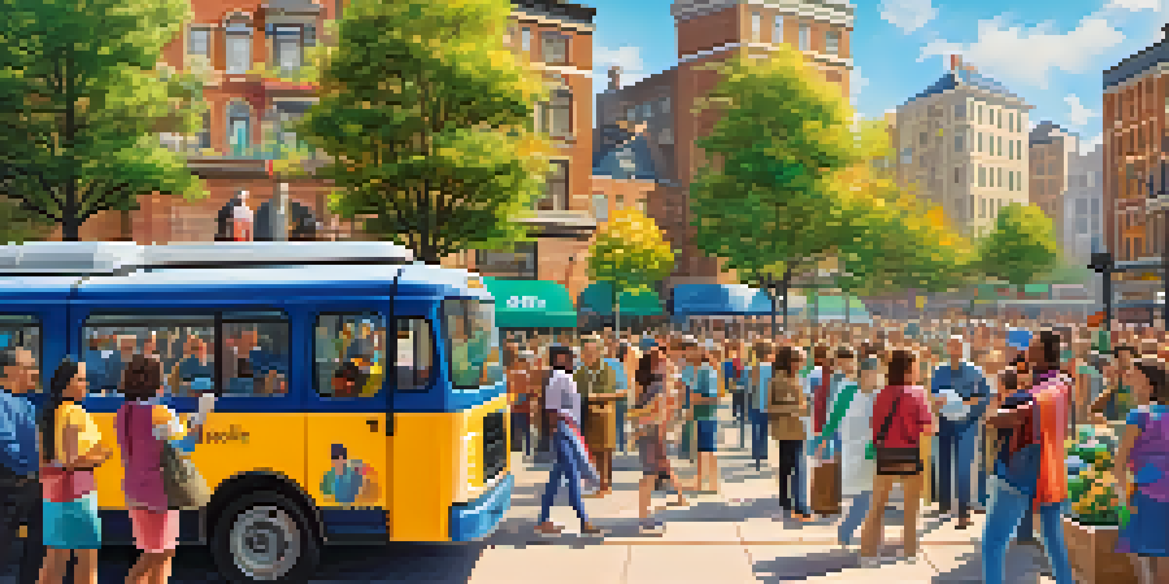 A smartphone displaying a local government app, surrounded by diverse citizens in a city square discussing community issues.