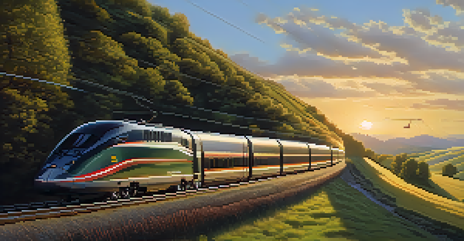 A high-speed train traveling through beautiful landscapes during sunset.