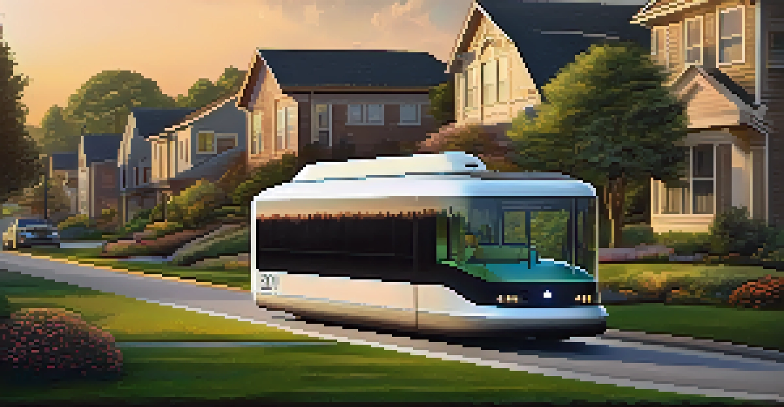 A futuristic autonomous shuttle driving through a suburban neighborhood, with green trees and homes, during sunset.