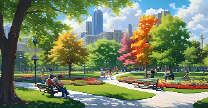 A peaceful urban park filled with greenery, flowers, and people enjoying various activities.