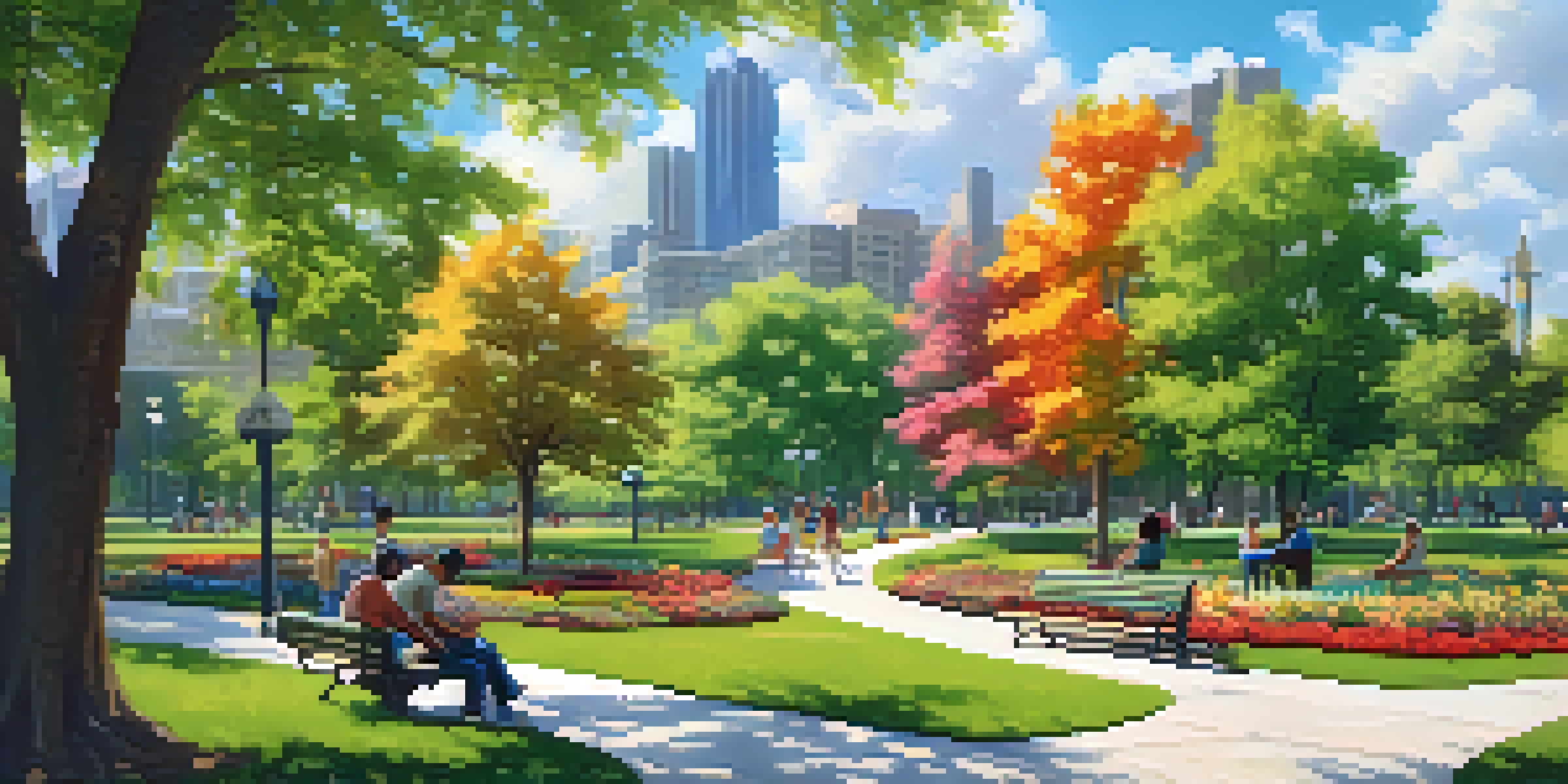 A peaceful urban park filled with greenery, flowers, and people enjoying various activities.