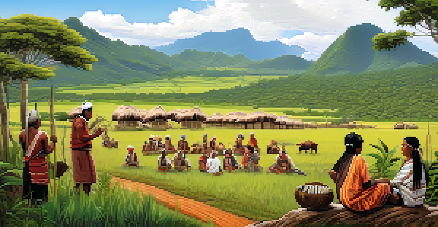 An indigenous community practicing sustainable land management, with elders teaching youth in a vibrant landscape filled with lush fields and wildlife.
