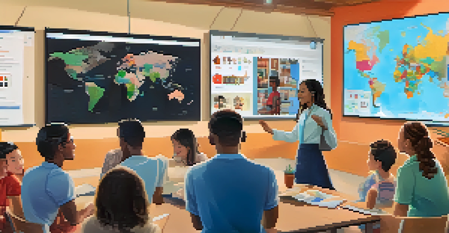 Students in a modern classroom participating in a virtual cultural exchange session, interacting with peers from another country displayed on a large screen.