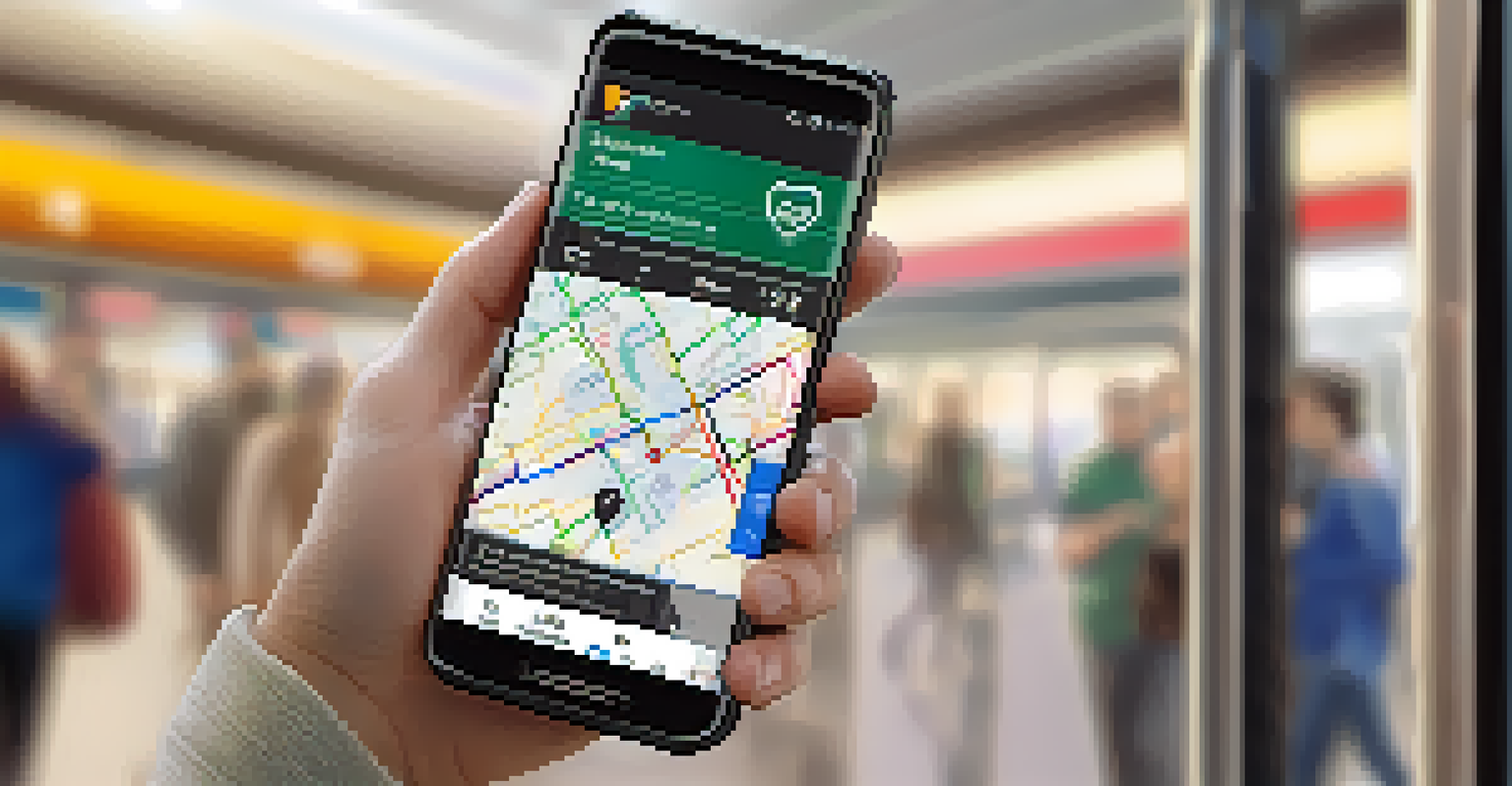 A close-up of a passenger using a mobile app at a transit station, showing routes and real-time updates.