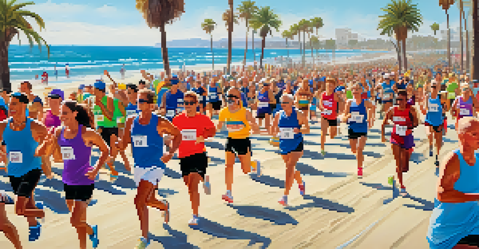 A group of enthusiastic runners participating in a community running event along Venice Beach, with the ocean and palm trees in the background.