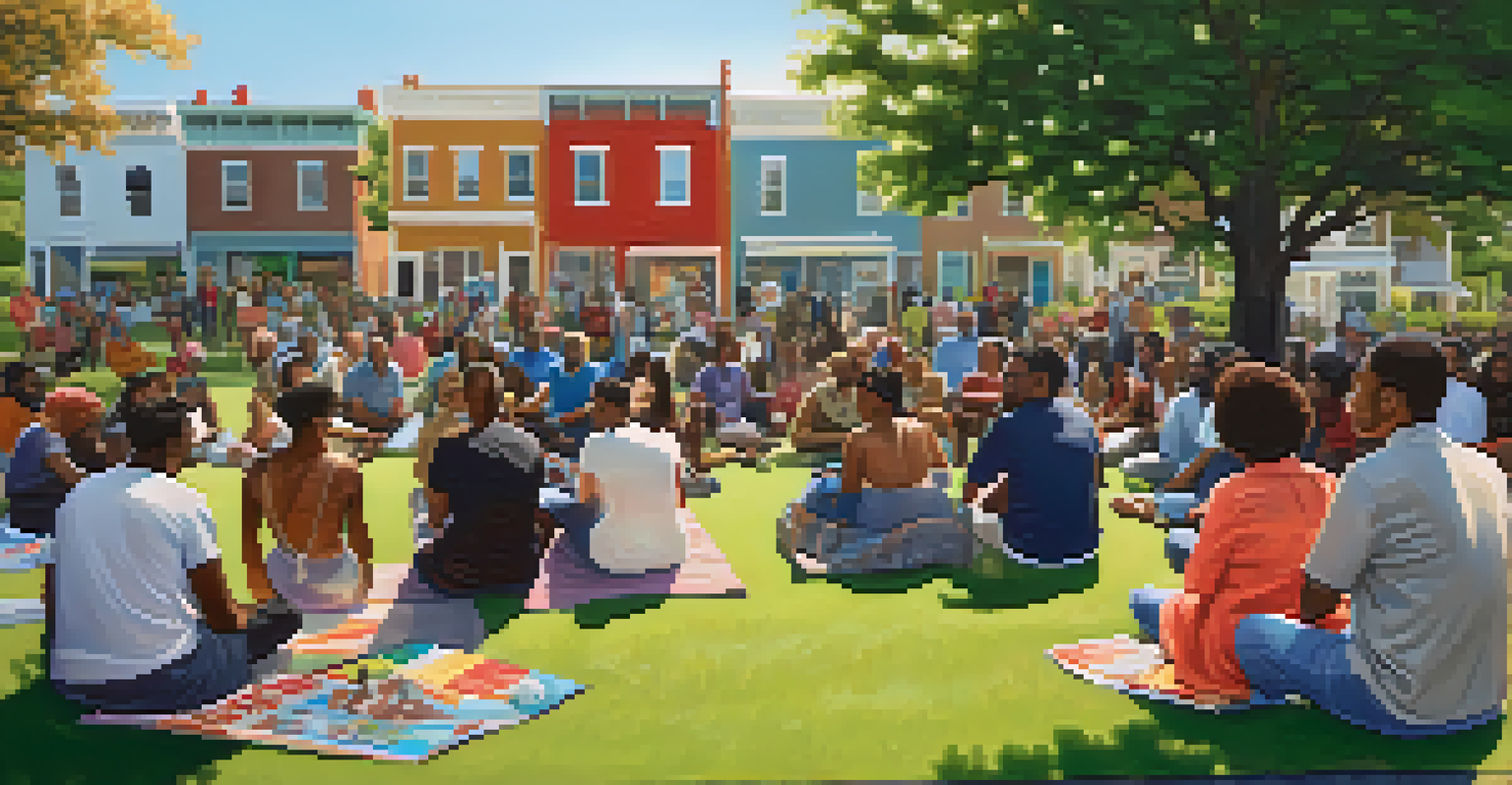 A community gathering in a park discussing gentrification issues, with participants holding signs for affordable housing.
