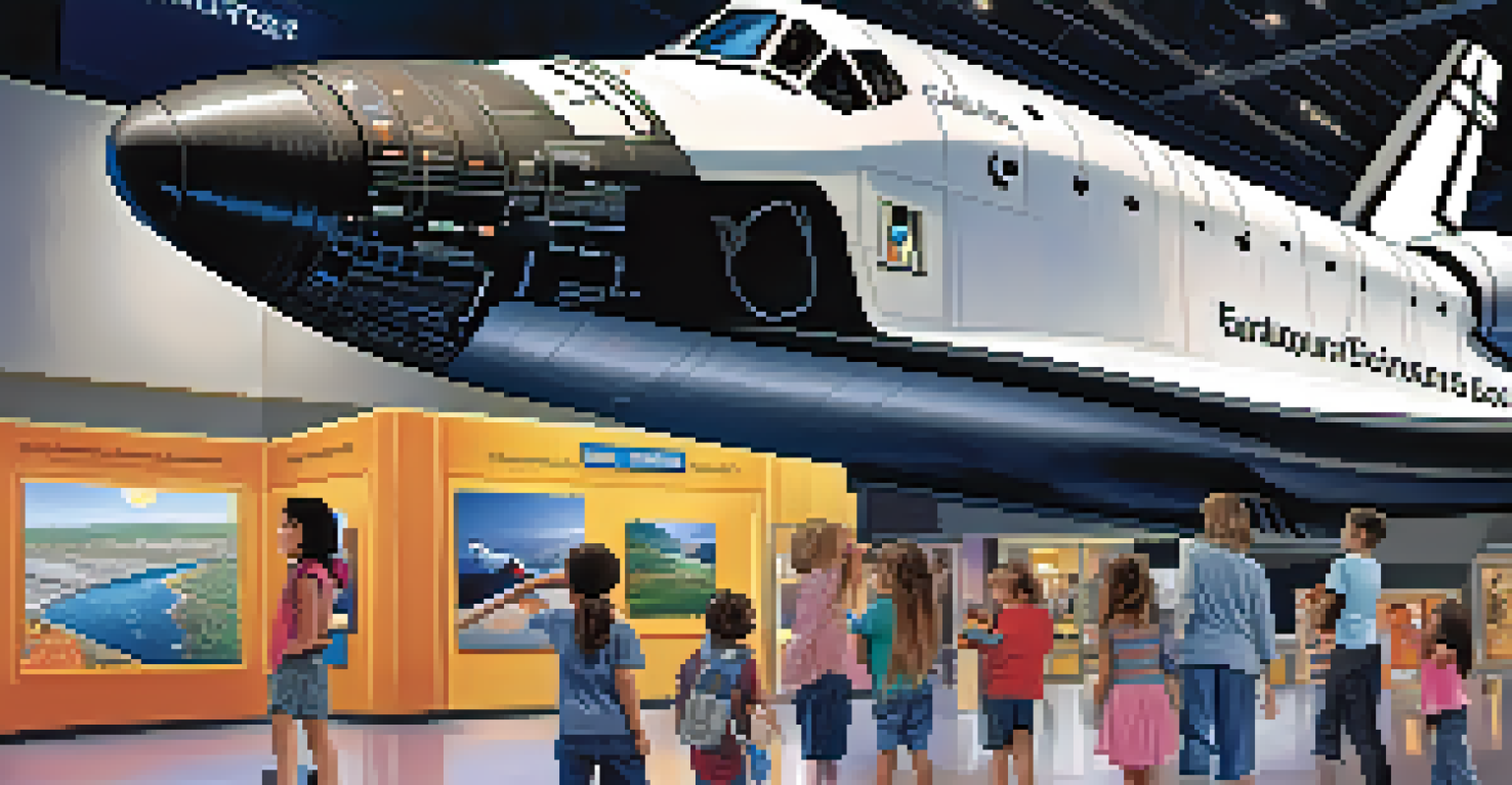 Children exploring a science exhibit at the California Science Center with the Space Shuttle Endeavour in the background.