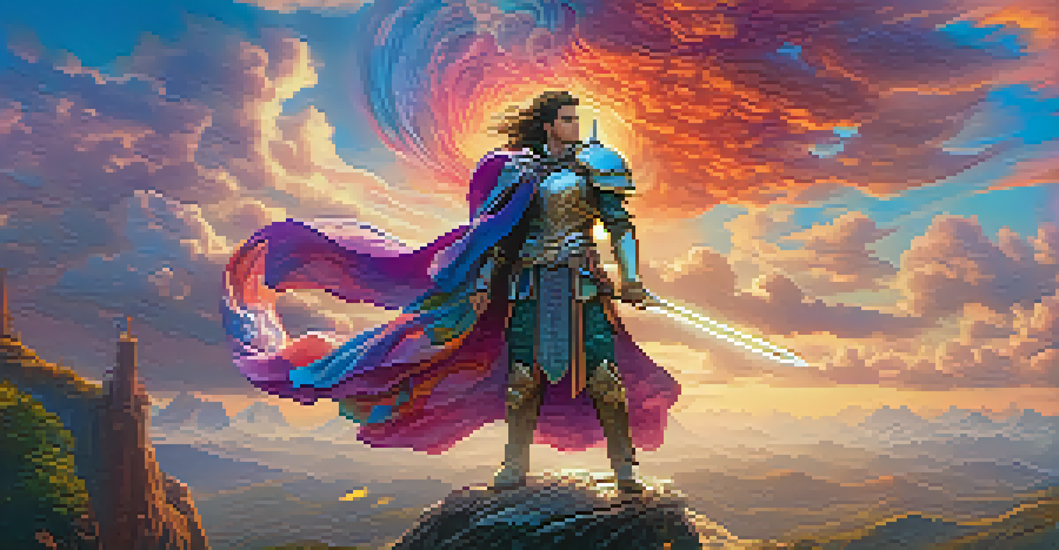A character from a video game in a dramatic pose with a colorful, fantastical landscape in the background.