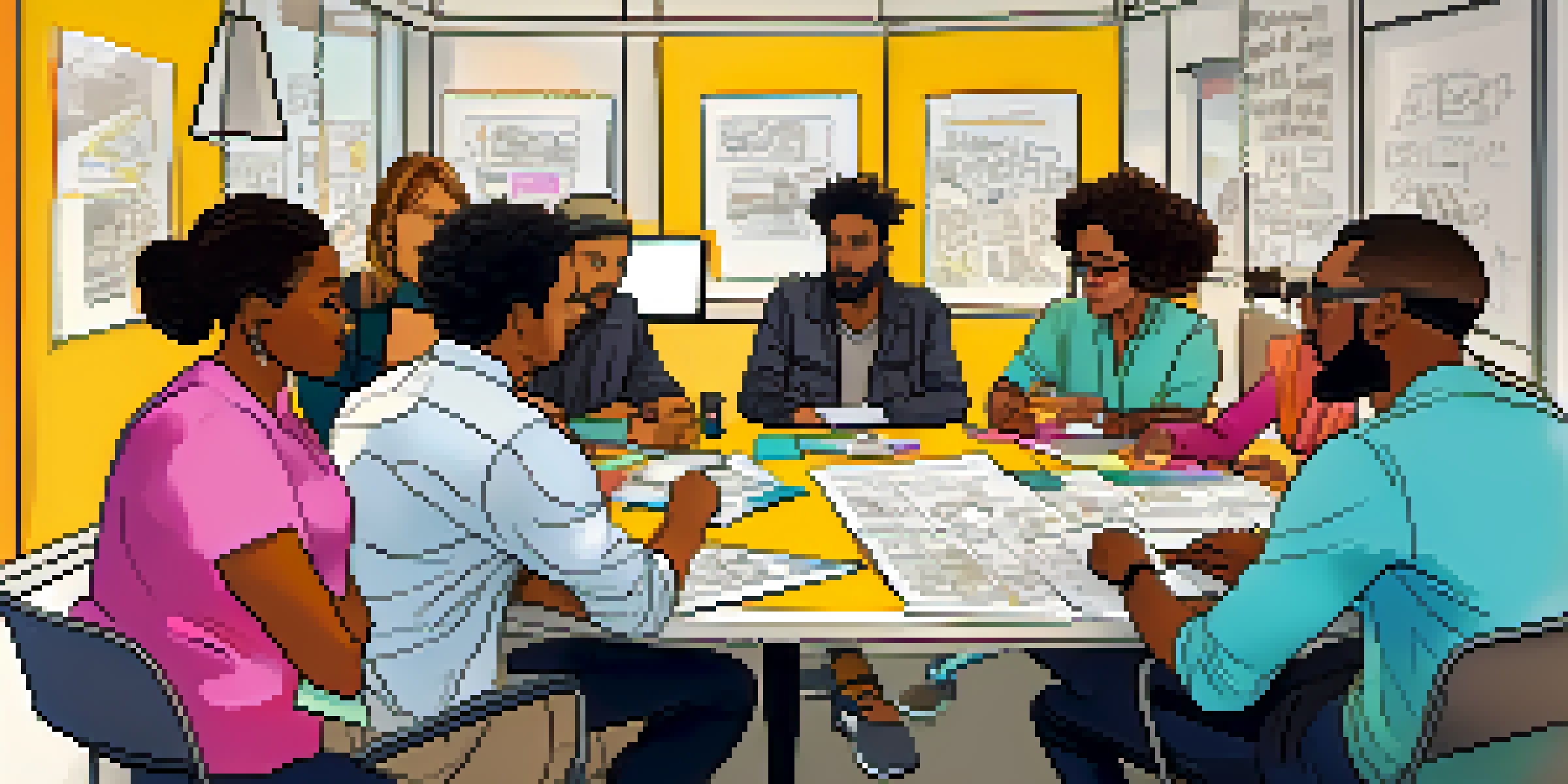 A diverse group of screenwriters brainstorming around a table filled with storyboards and laptops, surrounded by colorful post-it notes.