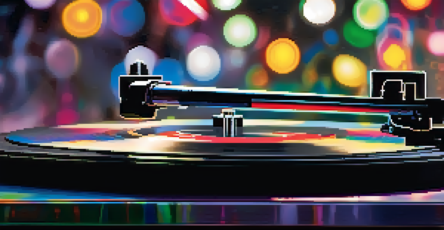 A close-up of a vinyl record on a turntable, with colorful concert lights reflecting off the surface, highlighting the texture of the vinyl.