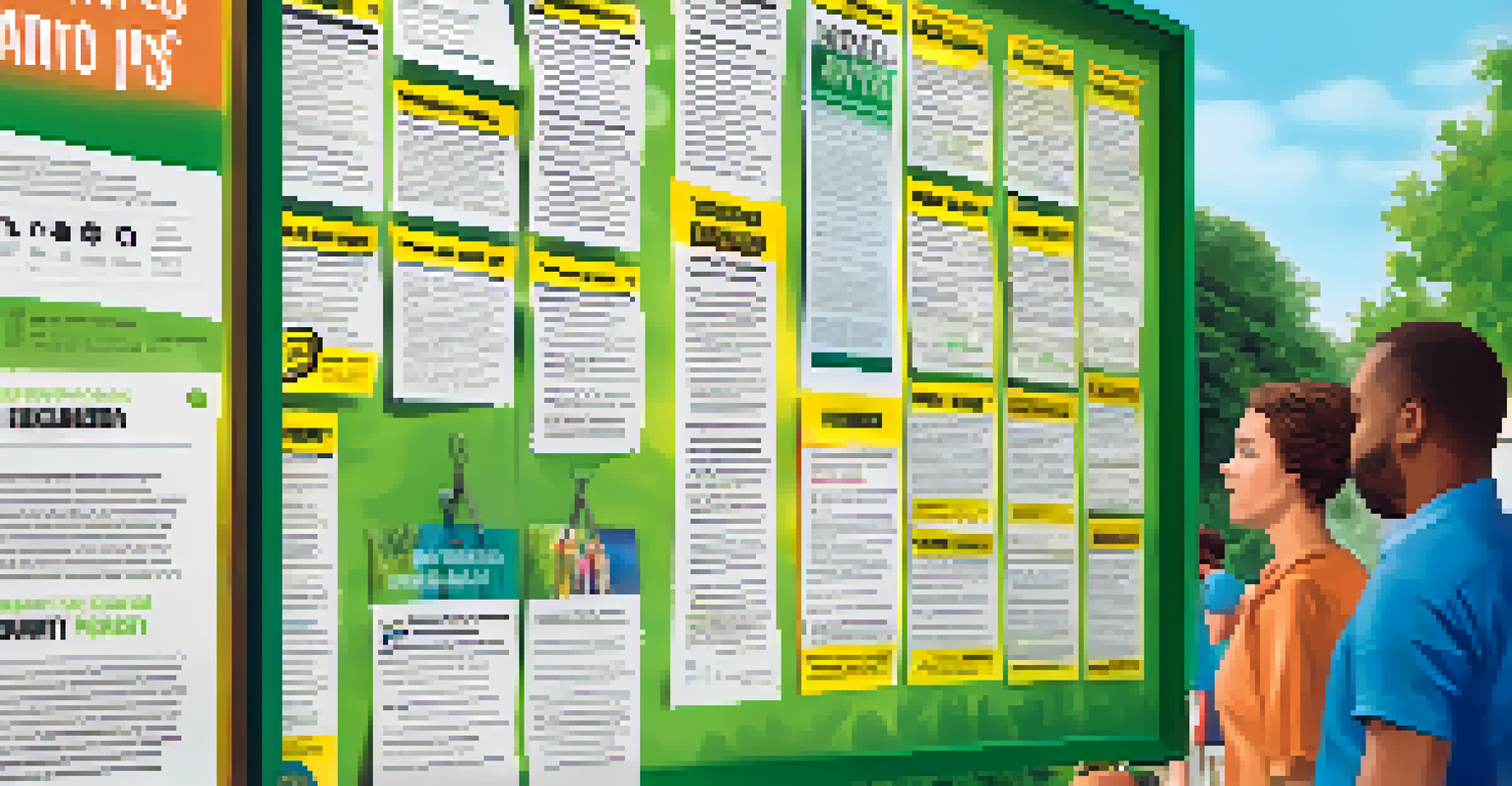 A community bulletin board filled with flyers about Neighborhood Watch events and safety tips, surrounded by greenery.