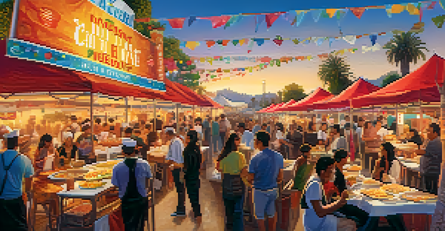 A lively culinary festival in Los Angeles with chefs presenting diverse dishes and attendees enjoying the atmosphere.
