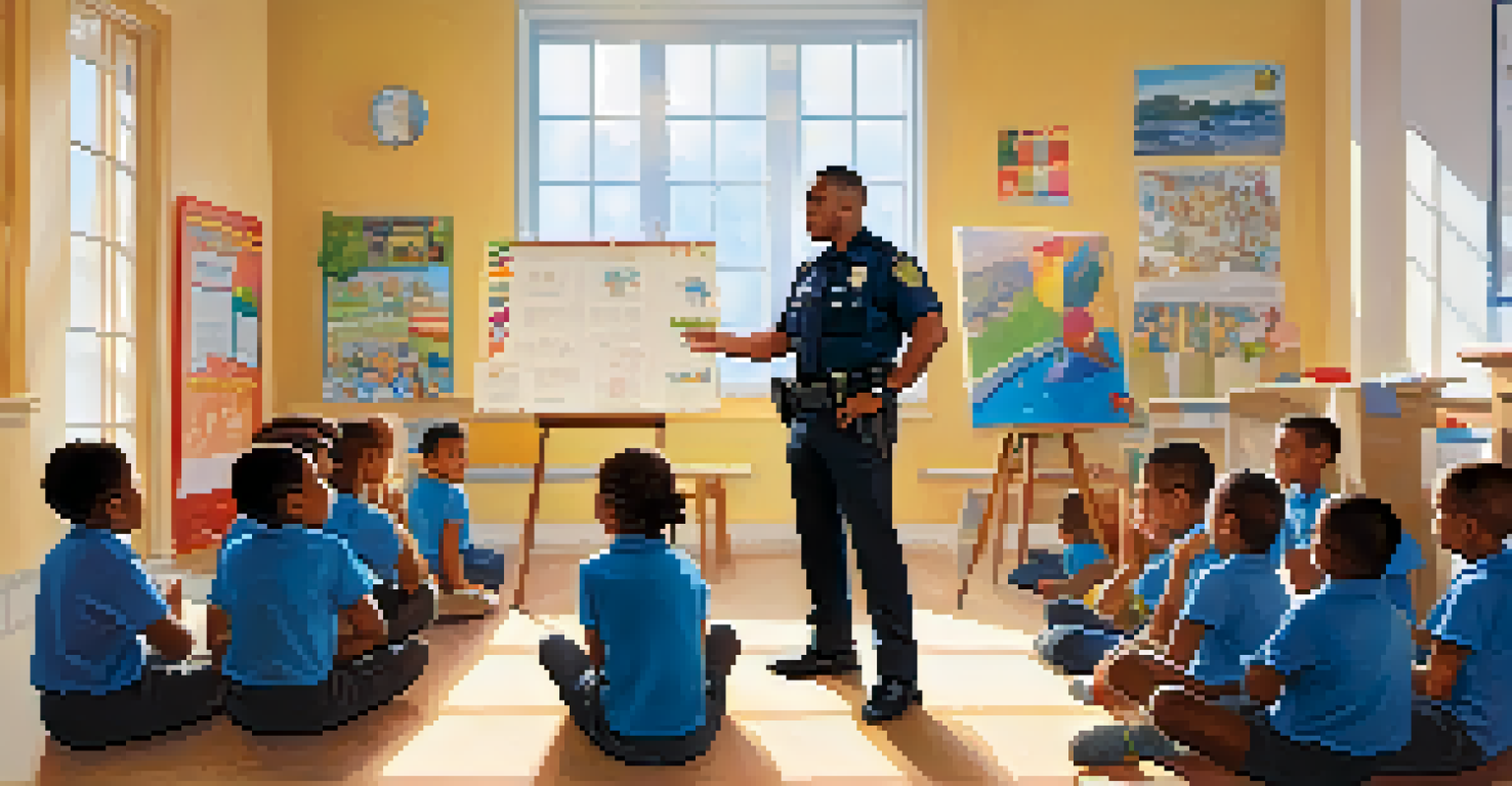 A police officer conducting a safety workshop for young students in a bright classroom, filled with educational posters and sunlight.
