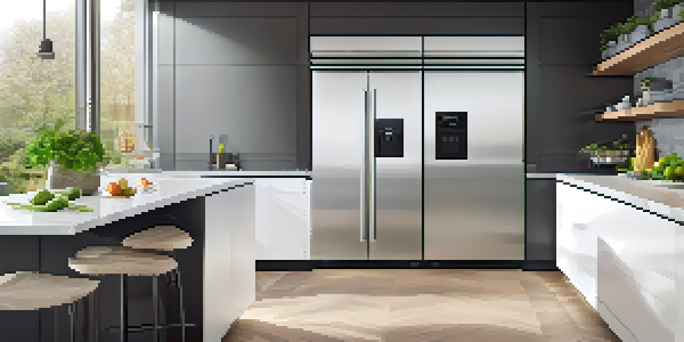 A modern kitchen with smart appliances including a touchscreen refrigerator and smartphone-controlled oven, well-lit with natural light and fresh herbs on the counter.