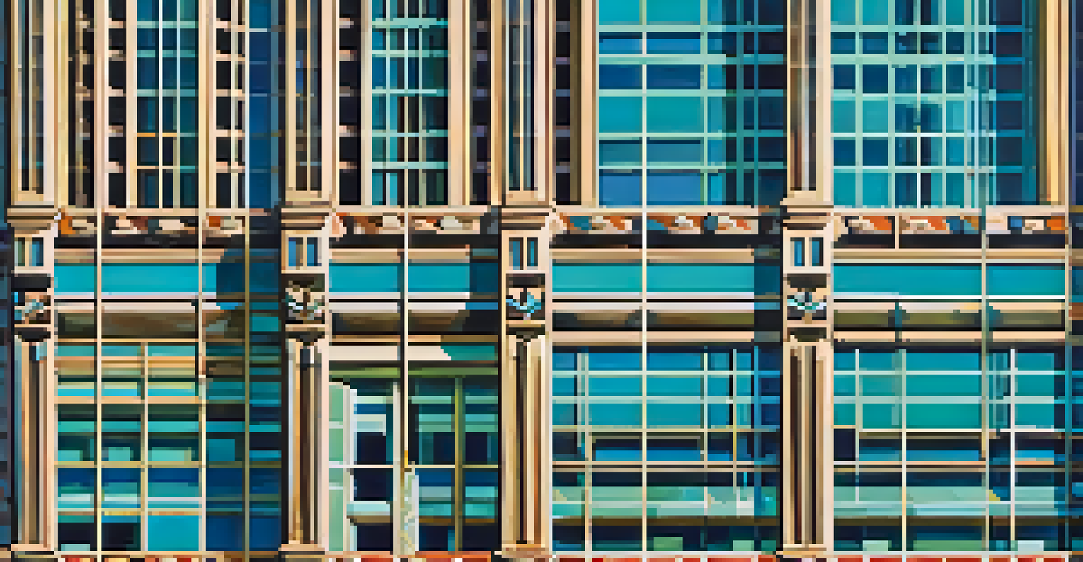 A close-up of the Eastern Columbia Building in Downtown LA, highlighting its Art Deco design with geometric patterns and turquoise tiles against a blue sky.