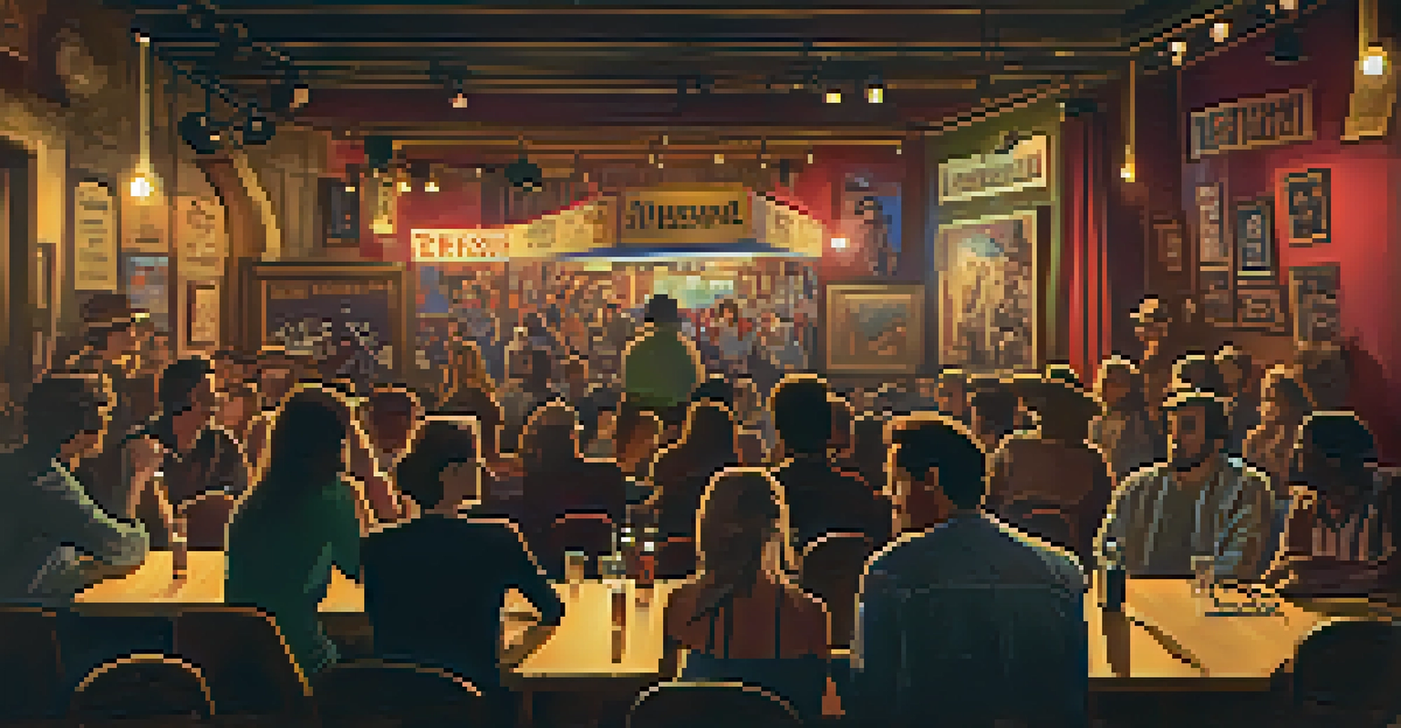 The interior of The Troubadour music venue featuring a small stage and an audience enjoying a live performance.