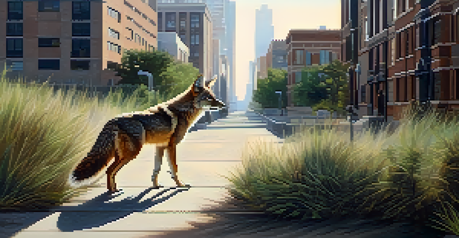 A wildlife corridor in an urban environment with a coyote navigating through native plants, and city buildings visible in the background, under soft lighting.