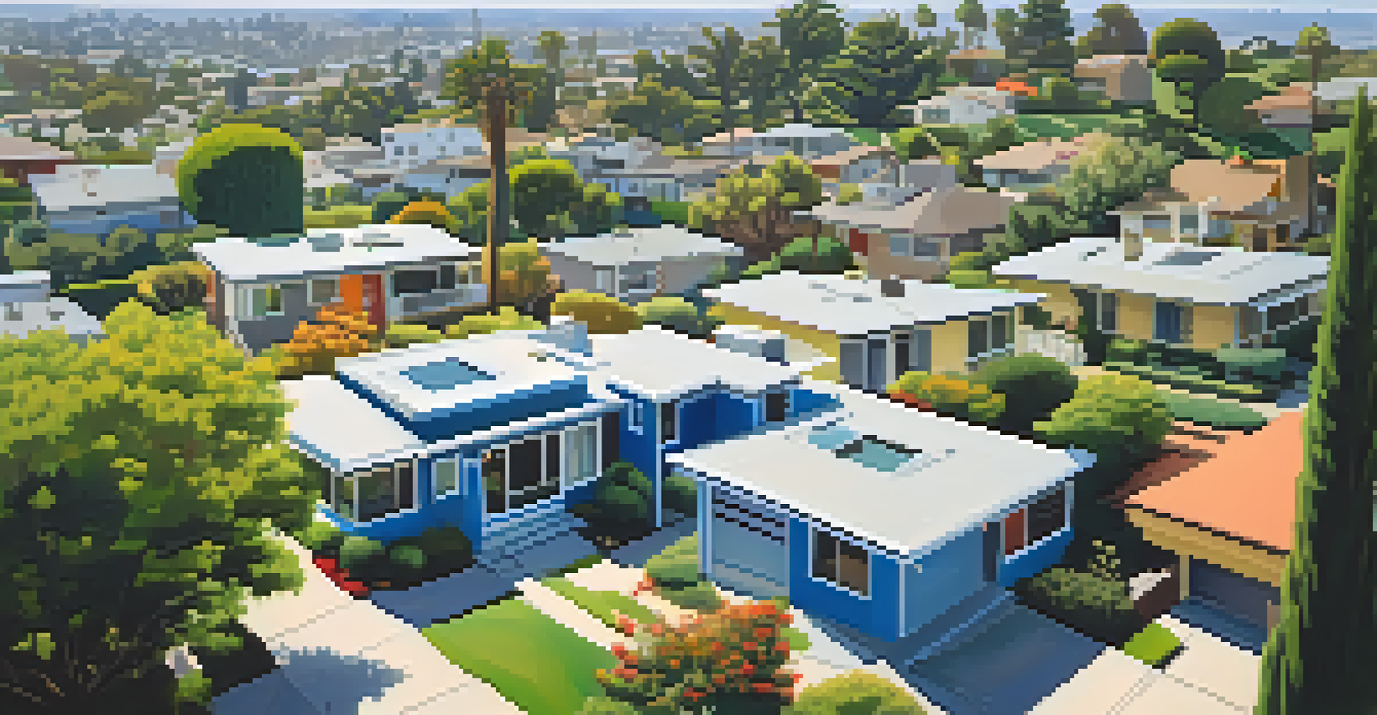 An aerial view of a Los Angeles neighborhood featuring multiple Mid-Century Modern homes surrounded by greenery.