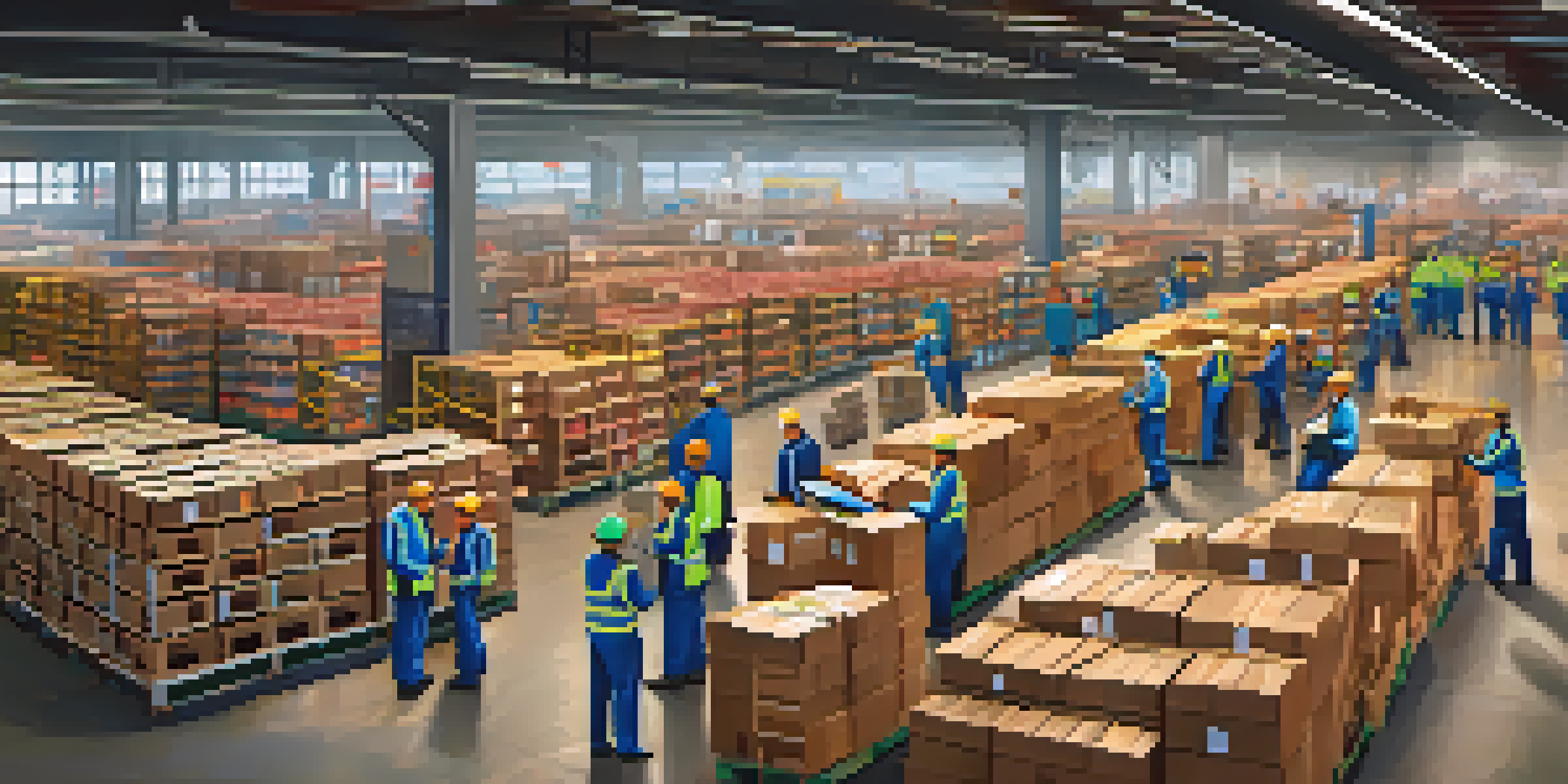 A busy warehouse with diverse workers managing inventory, colorful boxes stacked, and a digital screen displaying real-time data.
