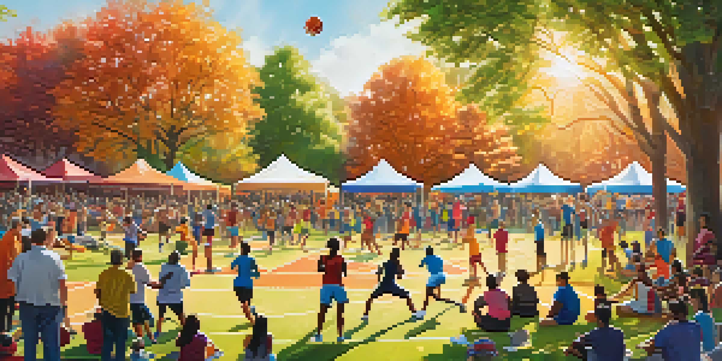 A lively community sports event with diverse participants playing basketball, soccer, and practicing yoga in a park.