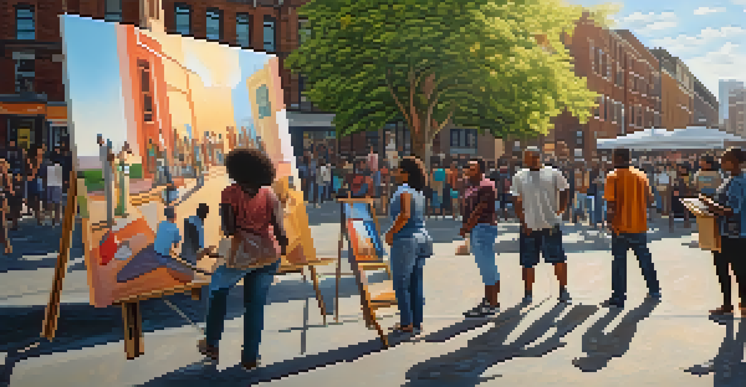 An artist painting in an urban area, with community members observing, as bright colors and social justice themes come to life on the canvas.