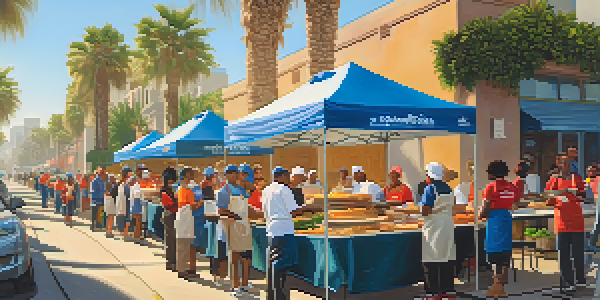 A lively street scene in Los Angeles with volunteers serving meals to those in need, surrounded by palm trees and urban buildings in warm sunlight.